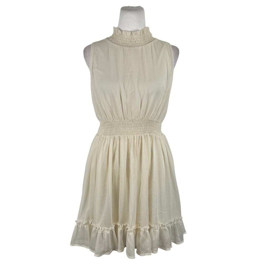 ☘️5/$25 Altar'd State Boho Smocked Dress Small Ivory Ruffle Fairy Romantic Frill